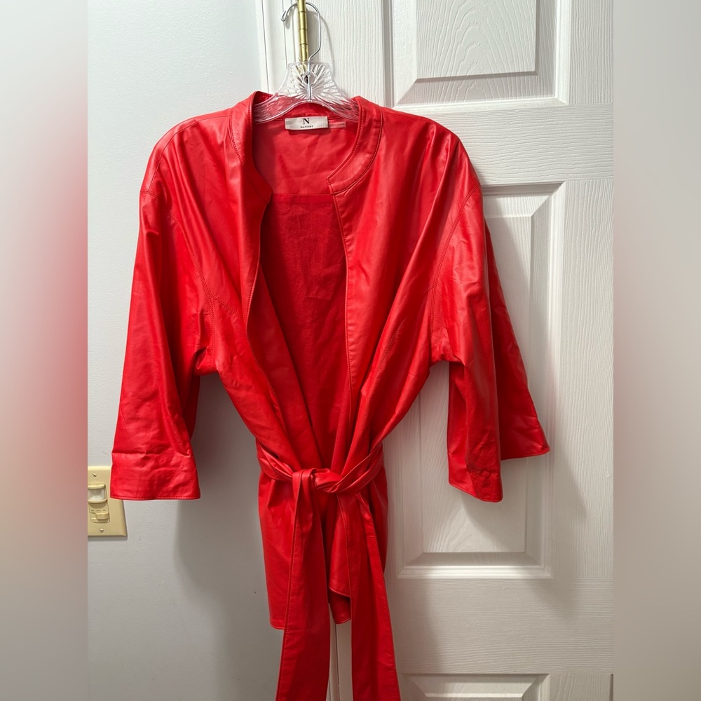 NATORI Women’s Faux Leather Kimono Wrap Style Jacket Large Red Pockets Sash Belt